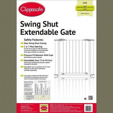 Swing Shut Extendable Gate (White Metal) 73-96cm, Clippasafe 2