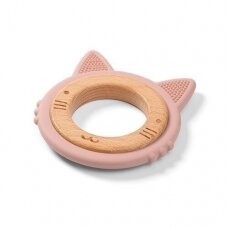 Силиконовый прорезыватель, BabyOno деревянная - силикон, розовый котёнок